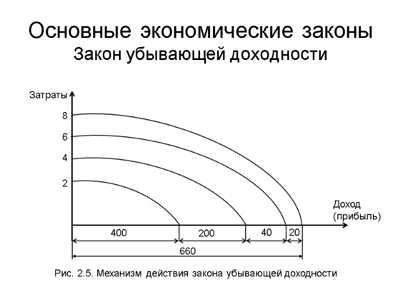 Основные экономические законы Закон убывающей доходности  W Затраты Доход (прибыль) 400 200 40